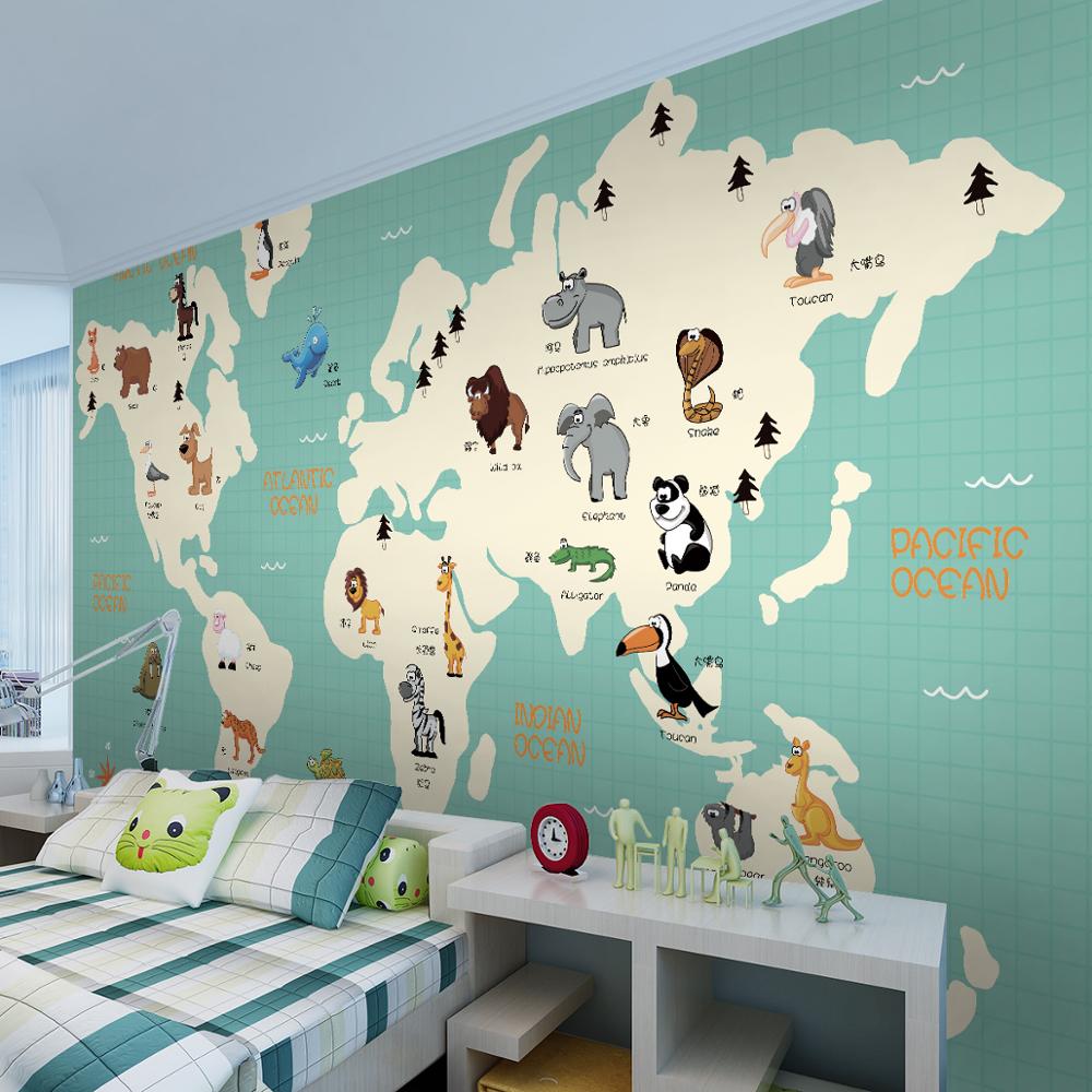 ?3D ȭ    ȭ & s  ħ ġ / 3D Cartoon world map animal distribution mural children&s room bedroom kindergarten wallpaper
